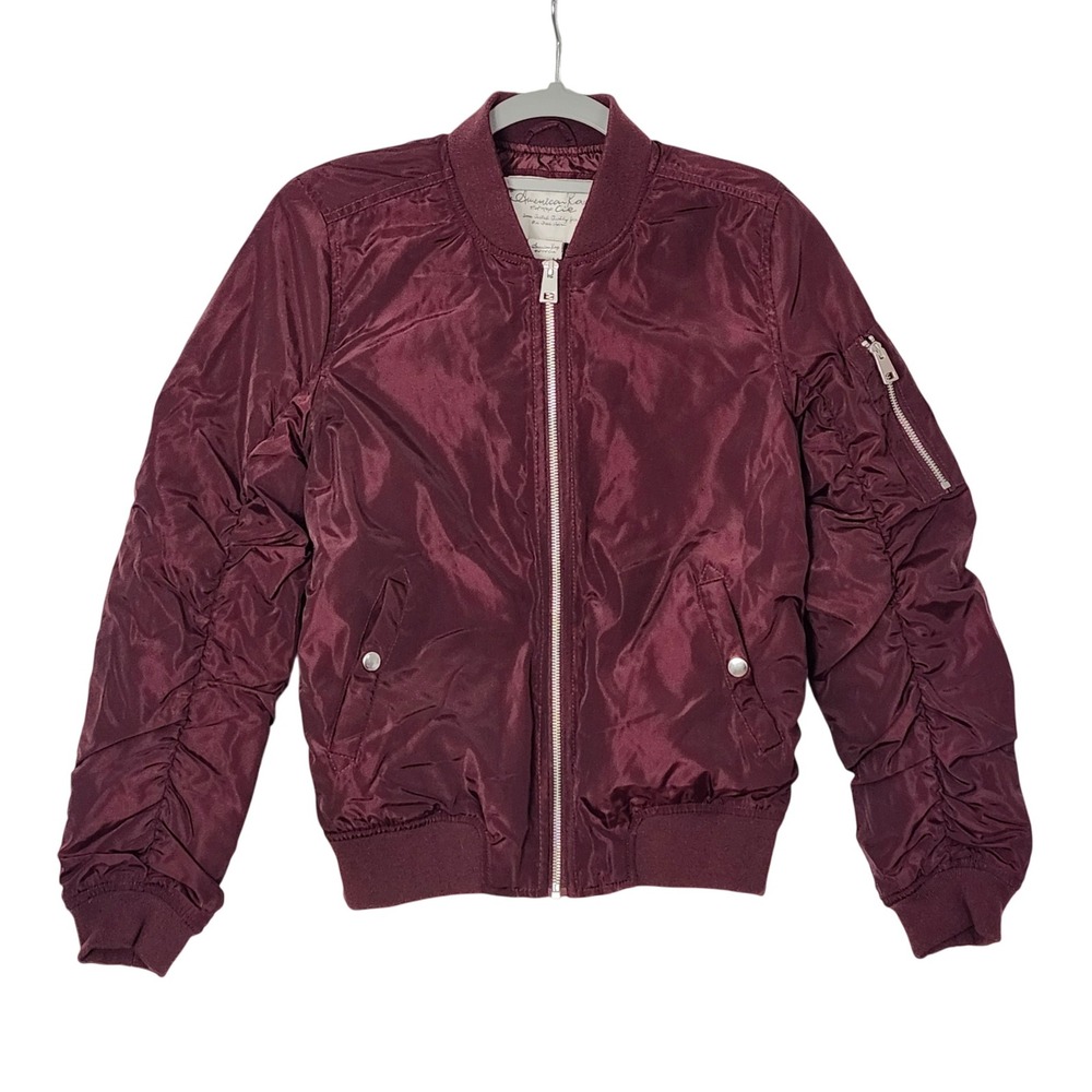 NEW American Rag Cie Quilted Bomber Jacket Juniors Medium Maroon Ruched Sleeves